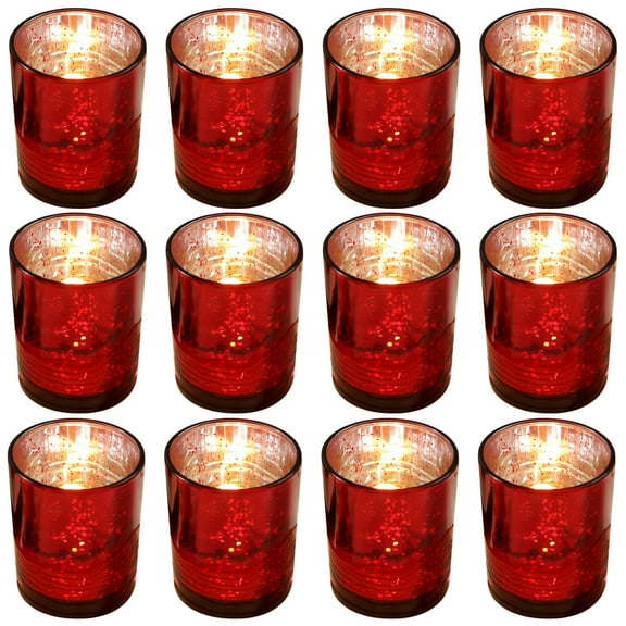 12PCS Red Glass Votive Holders Bulk, Speckled Starry Pattern Candle Cups, Small Tapered Cylindrical Design for Romantic Ambiance, Party & Home Decor, Long-lasting & Elegant