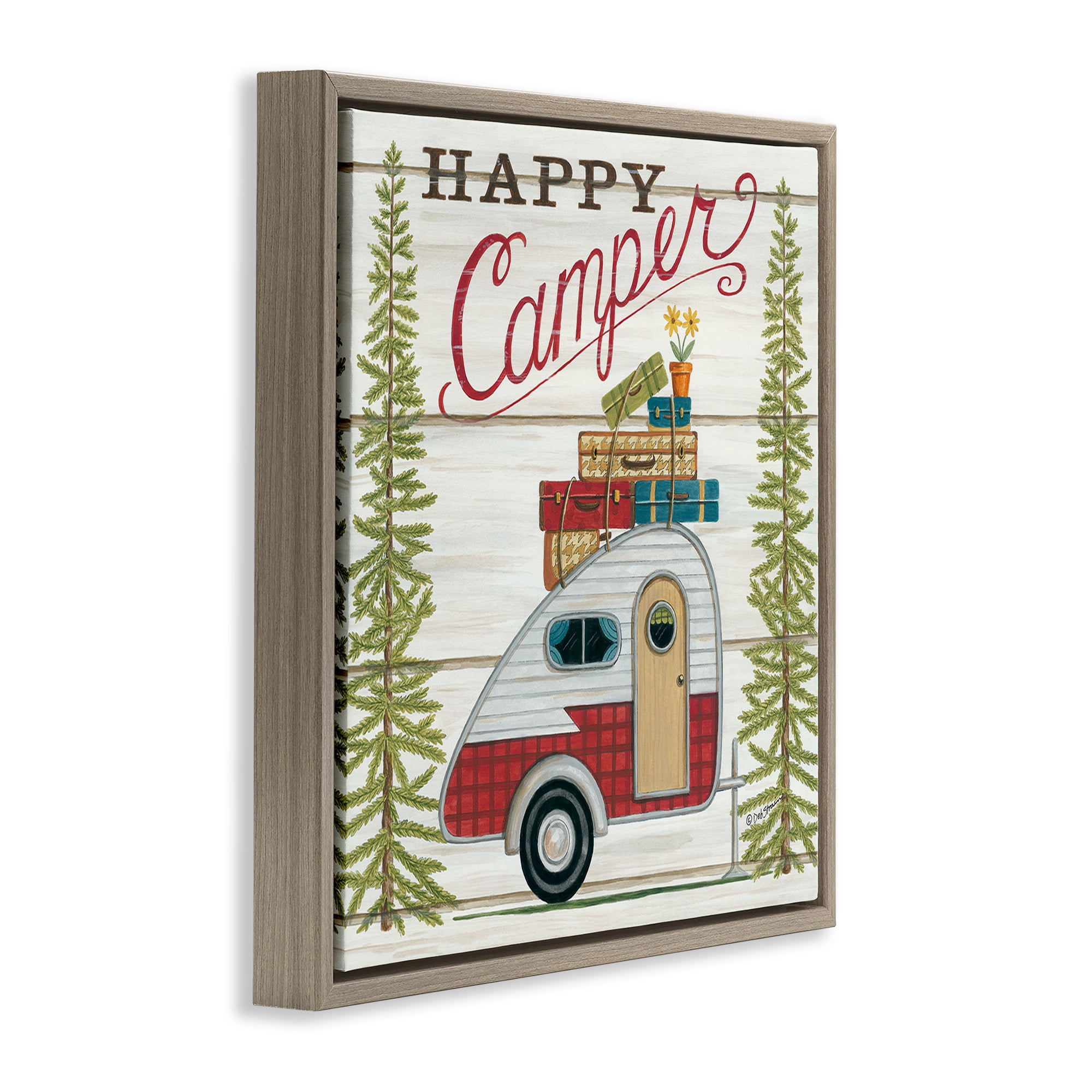 Stupell Industries Rustic Happy Camper Phrase Typography Painting Brown Floater Framed Canvas Art Print Wall Art, 18 x 18