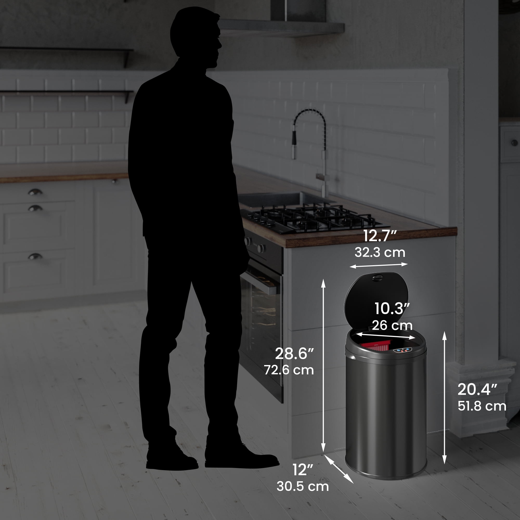 iTouchless 8 Gallon Round Deodorizer Matte Black Stainless Steel Sensor Trash Can