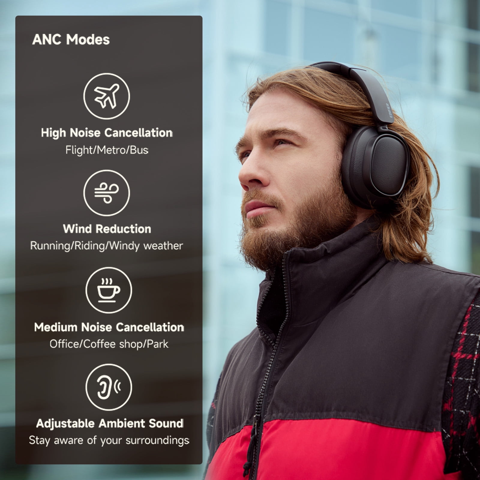 Edifier Bluetooth Active Noise Cancelling Headphones, 92H Playtime Hi-Res Audio Certified, Fast Charging - Black
