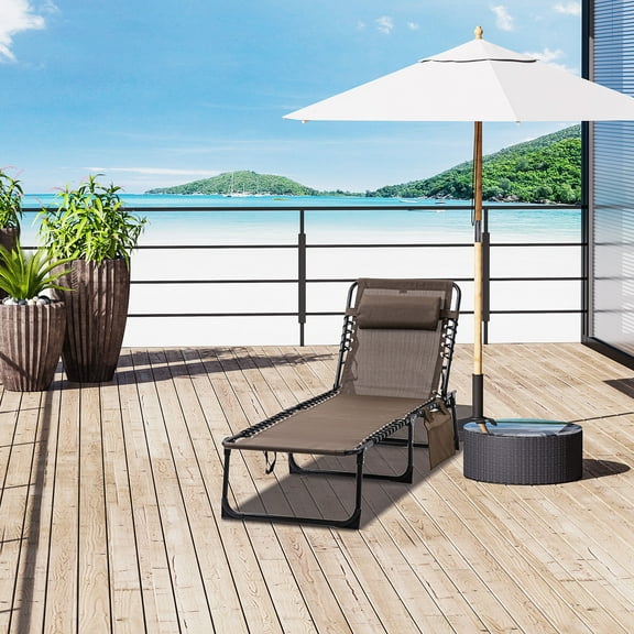 Outsunny Brown Reclining Chaise Lounge Chair, Portable Mesh Sun Lounger for Patio, Garden, Beach, Folding Camping Cot with Adjustable Backrest & Side Pocket, 264 lbs Capacity