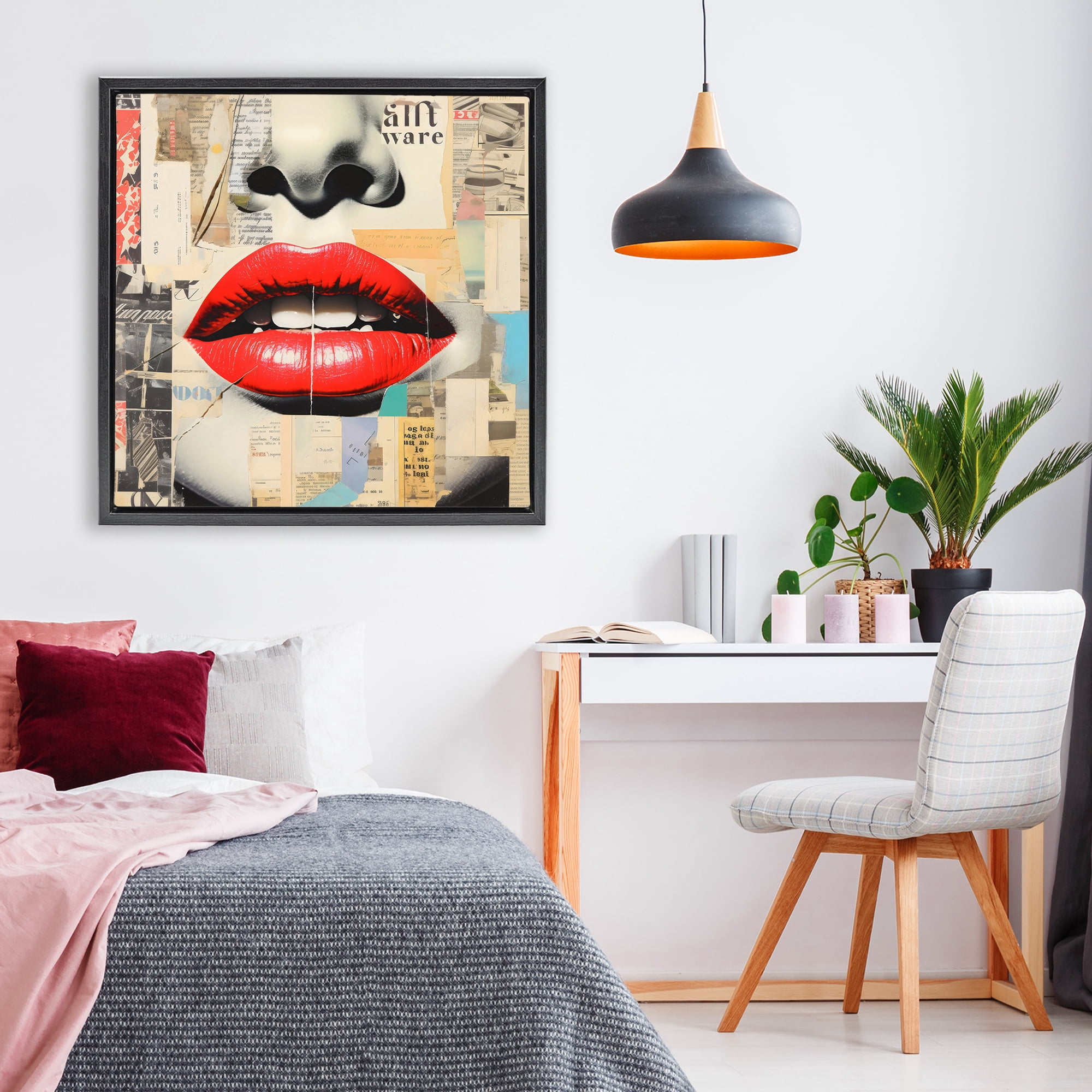 Stupell Industries Fashion Collage with Scarlet Lips Black Framed Floater Canvas Wall Art, design by Creative Studio