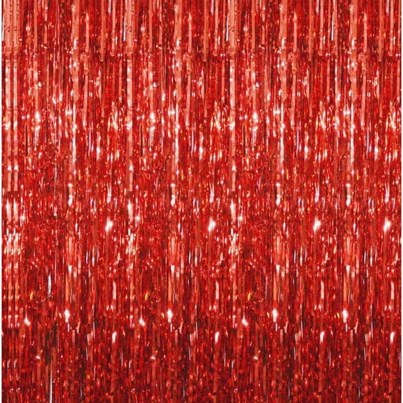 Valentine's Red Fringe Curtain Backdrop - Shimmering Metallic Tinsel Party Decor for Weddings & Events - 2 Pack