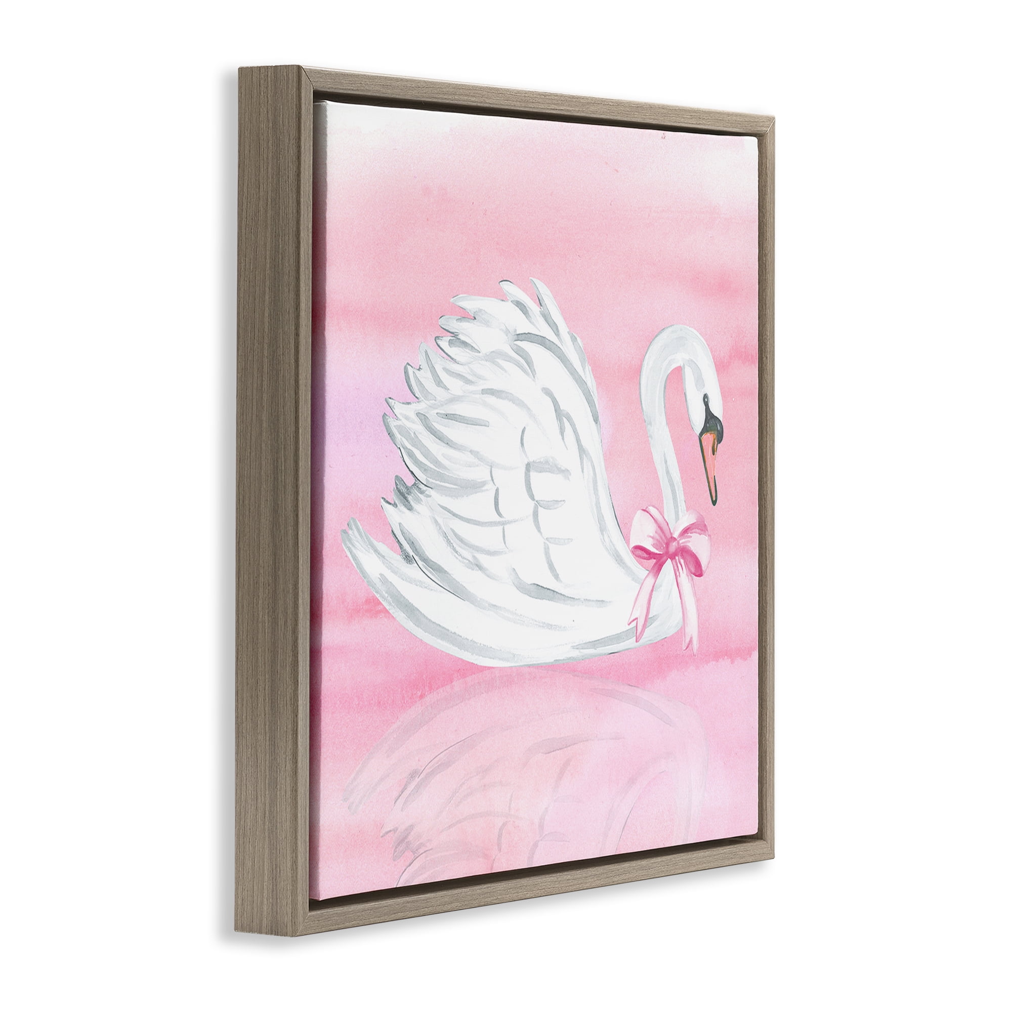 Stupell Industries Pink Bow Swan Brown Framed Floater Canvas Wall Art, design by Corinne Haig