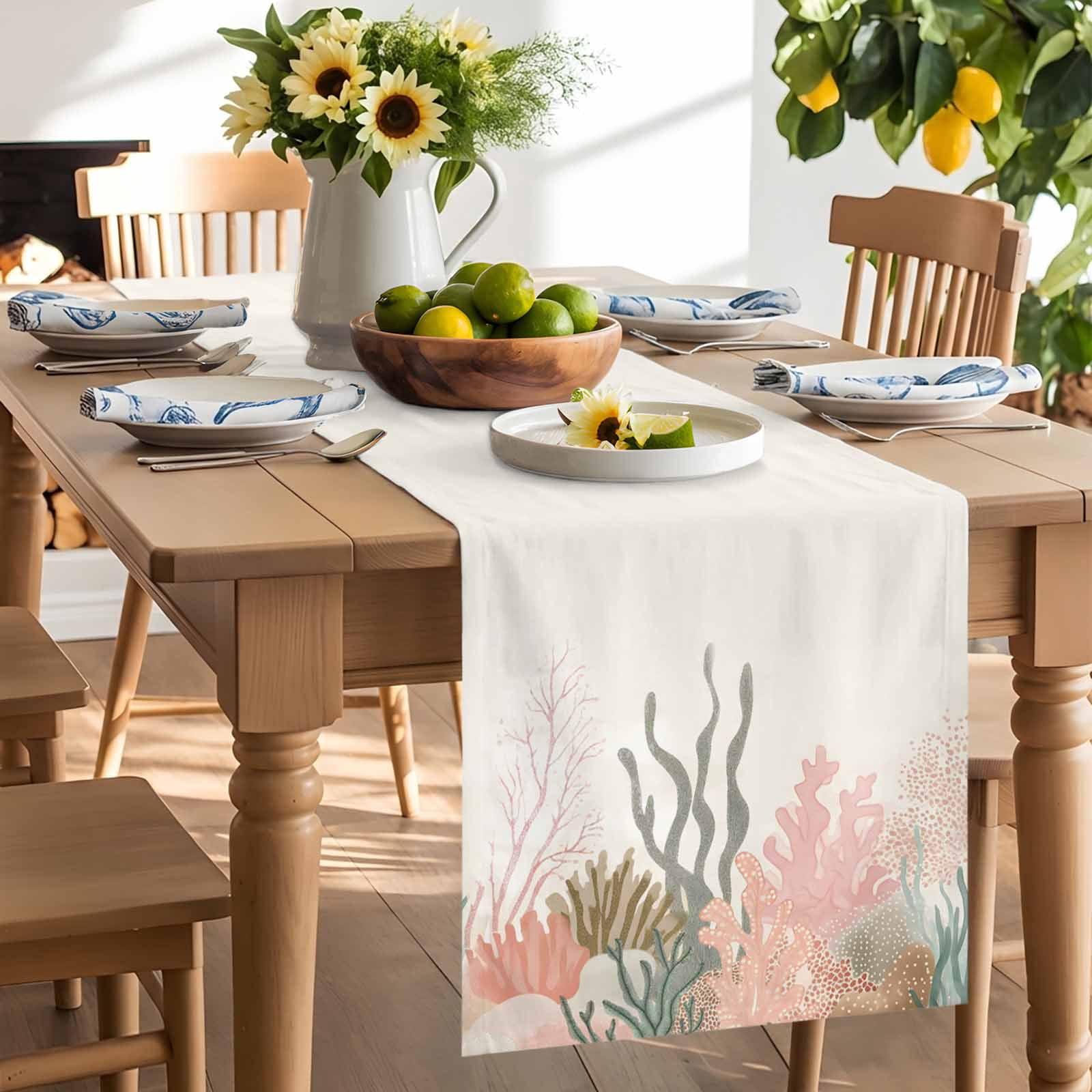 Watercolor Ocean Coral Table Runner 90 Inches Long, Abstract Marine Life Table Runners Tabletop Scarf Kitchen Dining Tables Decoration for Home Party Indoor Outdoor
