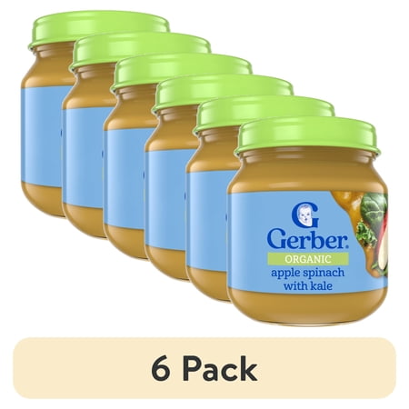 (6 pack) Gerber Organic Stage 2 Baby Food, Apple Spinach Kale Puree, 4 oz Jar