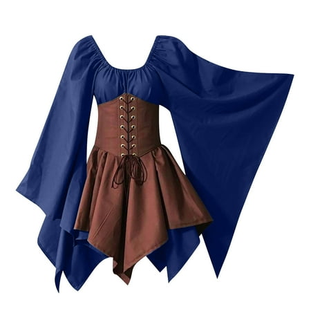 

KEJIG Dresses For Wedding Guest Women Costumes Gothic Retro Long Sleeve Corset Dresses Long Sleeve Round-Neck Knee-High Dress