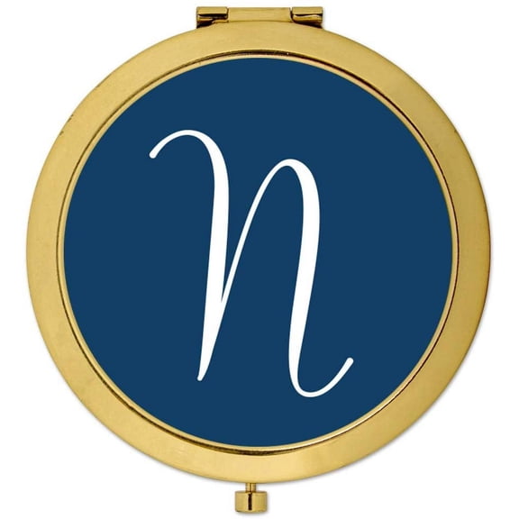Koyal Wholesale Gold Compact Mirror Bridesmaid's Wedding Gift, Navy Blue, Monogram Letter N, 1-Pack