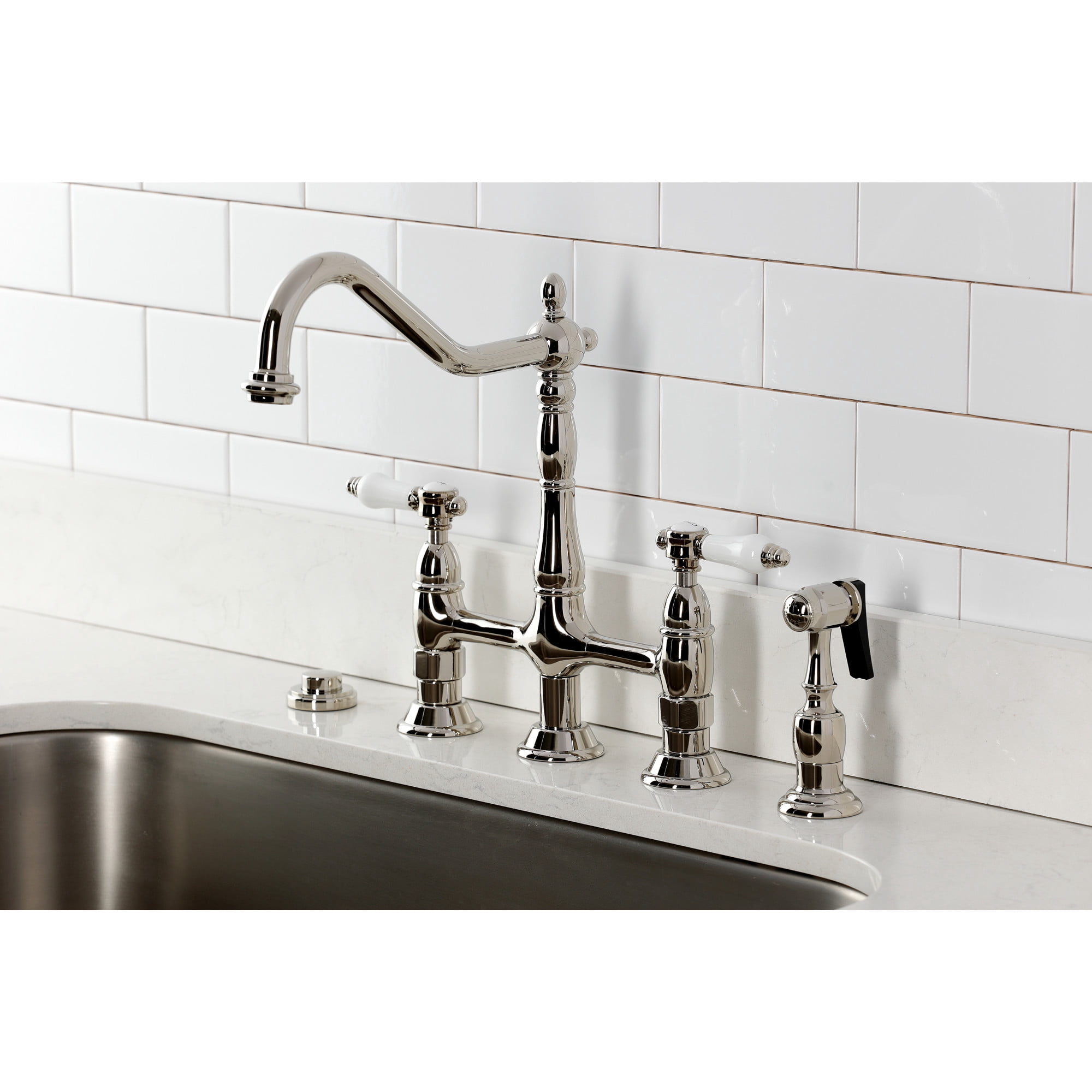 Kingston Brass KS1276BPLBS Bel-Air Bridge Kitchen Faucet with Brass Side Sprayer, Polished Nickel