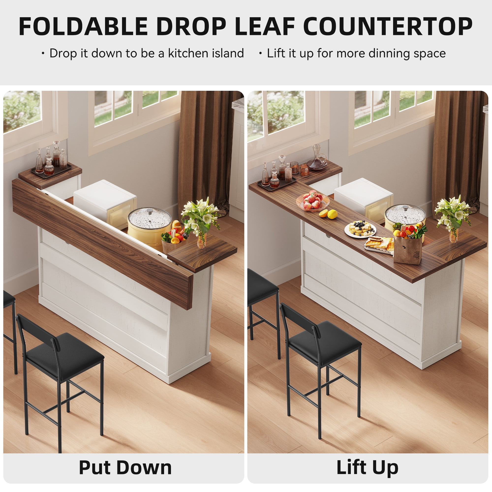 Homiflex 55" Kitchen Island with Storage, Lrage Rolling Island Cart with Drop Leaf, Walnut