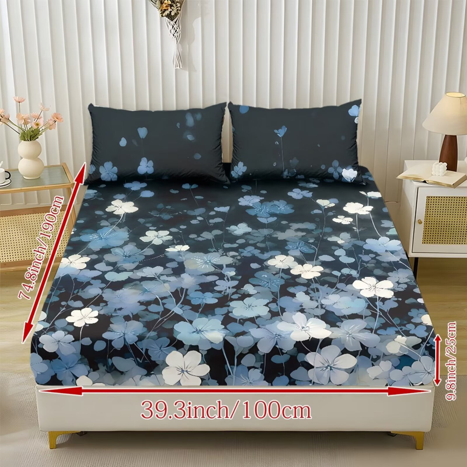 ZIATUBLES Twin Sheet Set, 3 PCS Black Wildfloral Printed Soft Cozy Bed Sheet Set, Breathable 9.8" Standard Pocket, Easy Care Bedding for ‌All-Season Use(1 Fitted Sheet, 2 Pillowcase)
