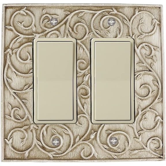 Meriville French Scroll 2 Rocker Wallplate, Double Switch Electrical Cover Plate, Weathered White
