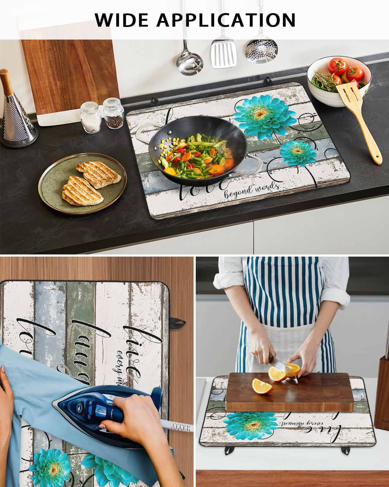 nqOlkjepod Large Induction Cooktop Protector Mat 24"x21", Teal Floral Stove Top Covers for Electric Stove, Farmhouse Green White Blue Wooden Decorative Stove Burner Cover Mats, Glass Top Stove Cover