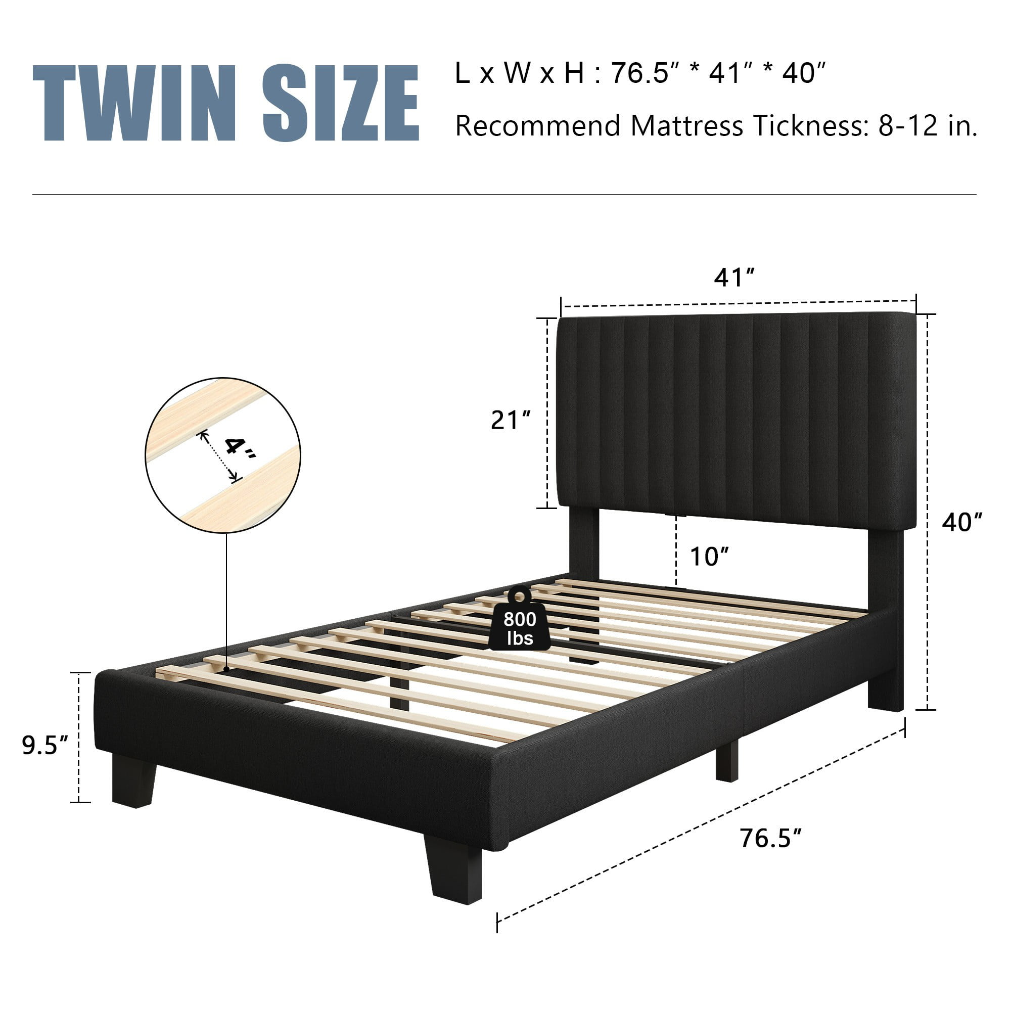 Virans Twin Size Bed Frame,Upholstered Linen Platform Bed frame with Fabric Headboard,Solid Wood Slats Support,Noise Free,No Box Spring,Easy Assembly,Black