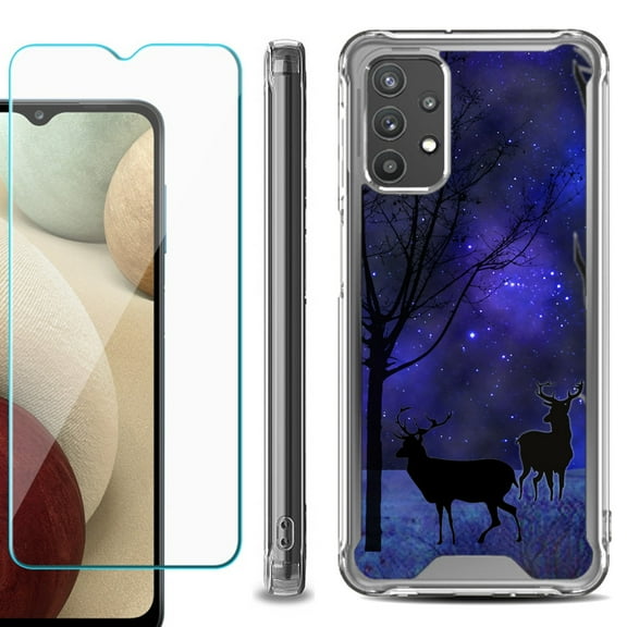 Shockproof Bumper Phone Case for Samsung Galaxy A32 5G, with Tempered Glass Screen Protector, by OneToughShield ® - Midnight Forest
