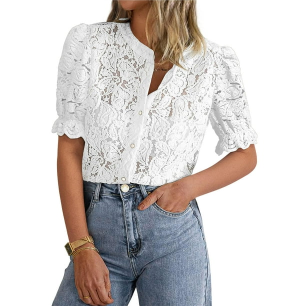 Blusa PRETTYGARDEN de encaje para mujer, manga corta, talla XL