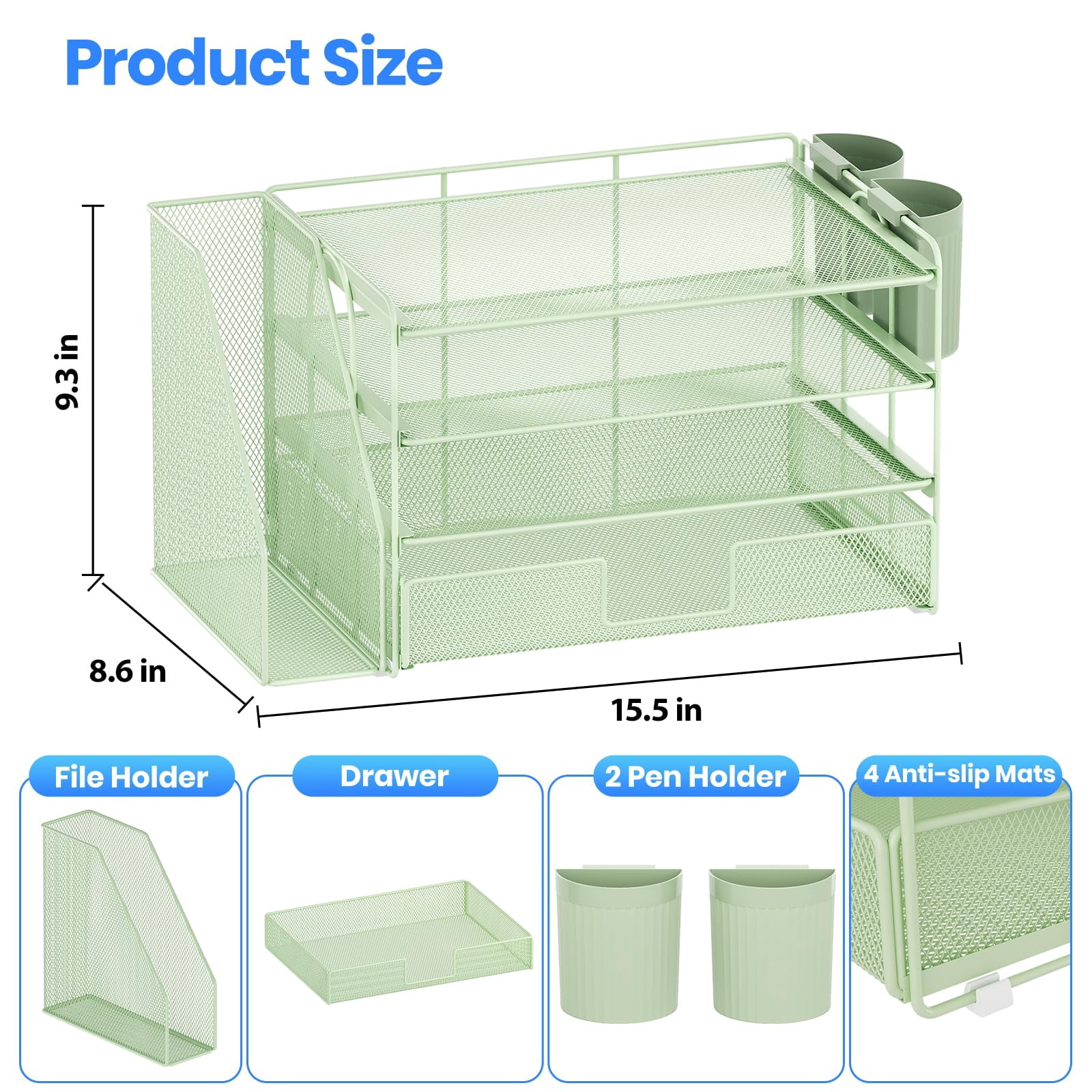 Desk Organizer  4-tier Desktop File With Drawer And 2 Pen Holders Office Accessories Sorters Workspace Organizers For Supplies(green)