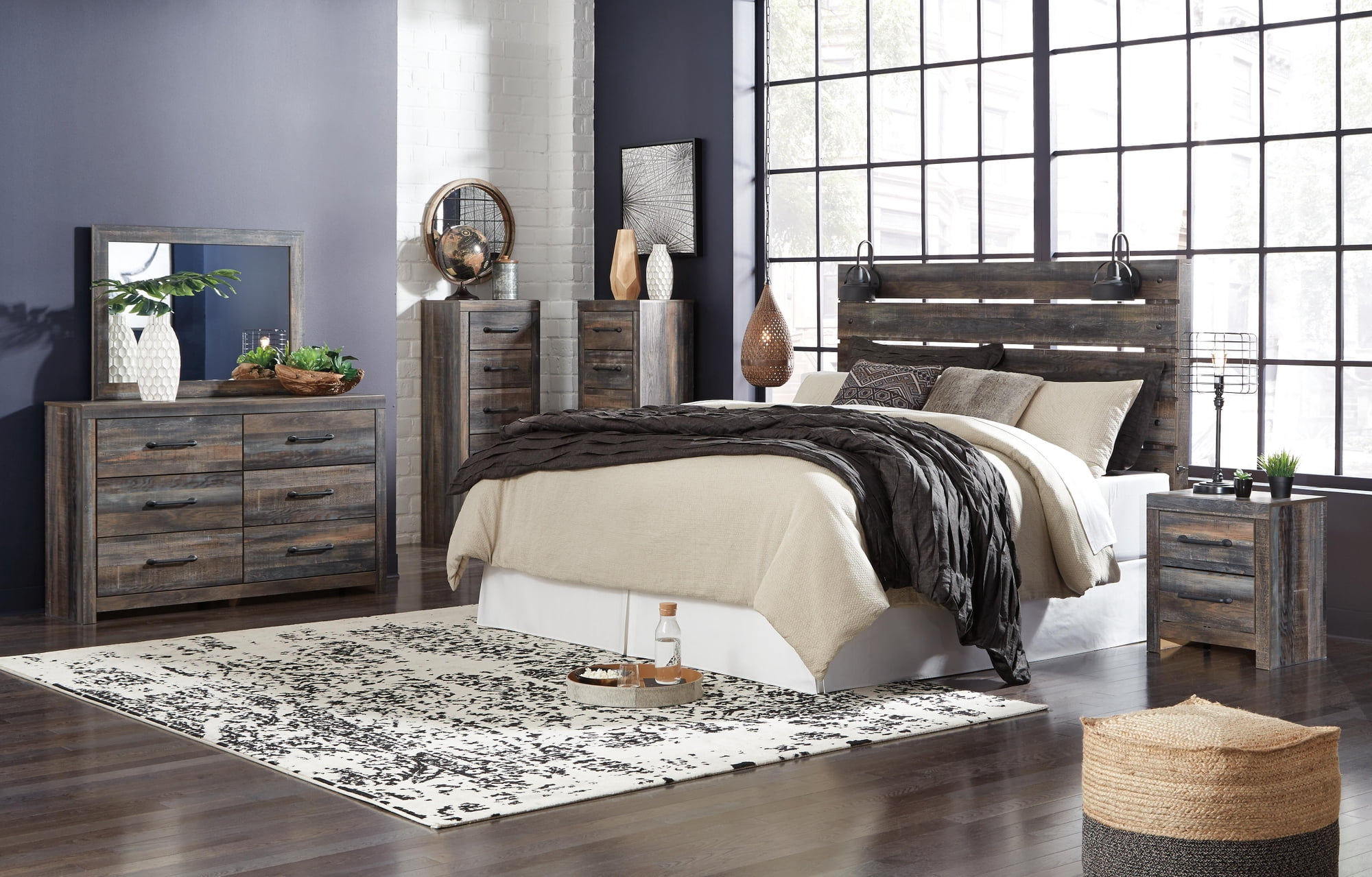 Signature Design by Ashley Drystan King Panel Headboard, Rustic Brown, Industrial Farmhouse Headboard with LED Lights and USB Charging