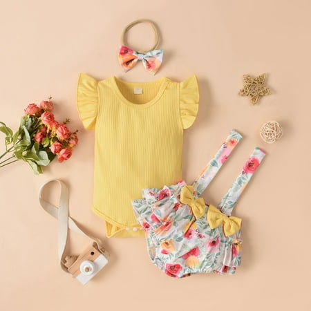 

QISIWOLE Toddler Baby Girls Fashion Cute Flowers Print Ruffles Short Sleeve Romper Overalls Bow Suit Deals