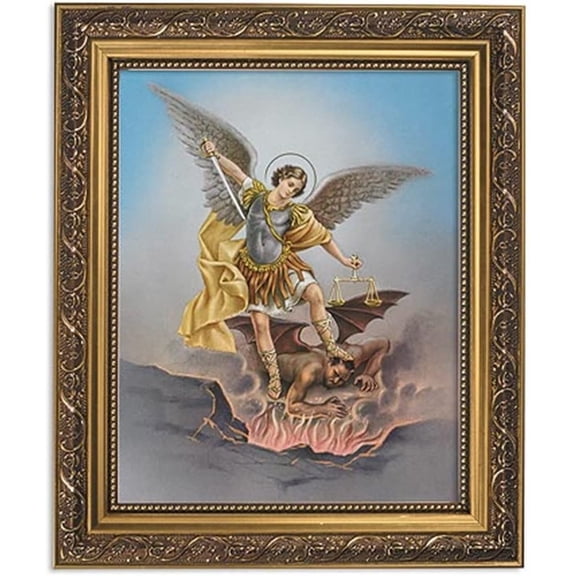 Gerffert Collection Saint Michael Catholic Framed Portrait Print, 13 Inch (Ornate Gold Tone Finish Frame)