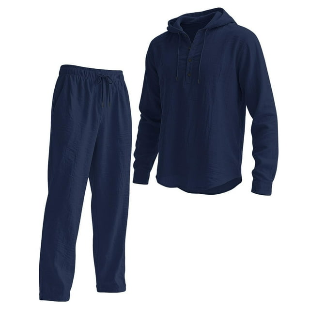 DHFJKG Tracksuit 2 Piece Set For Men Linen Casual Suit Solid Color Hooded Long Sleeve Pullover Loose Fit Pants Lightweight Versatile Outfit