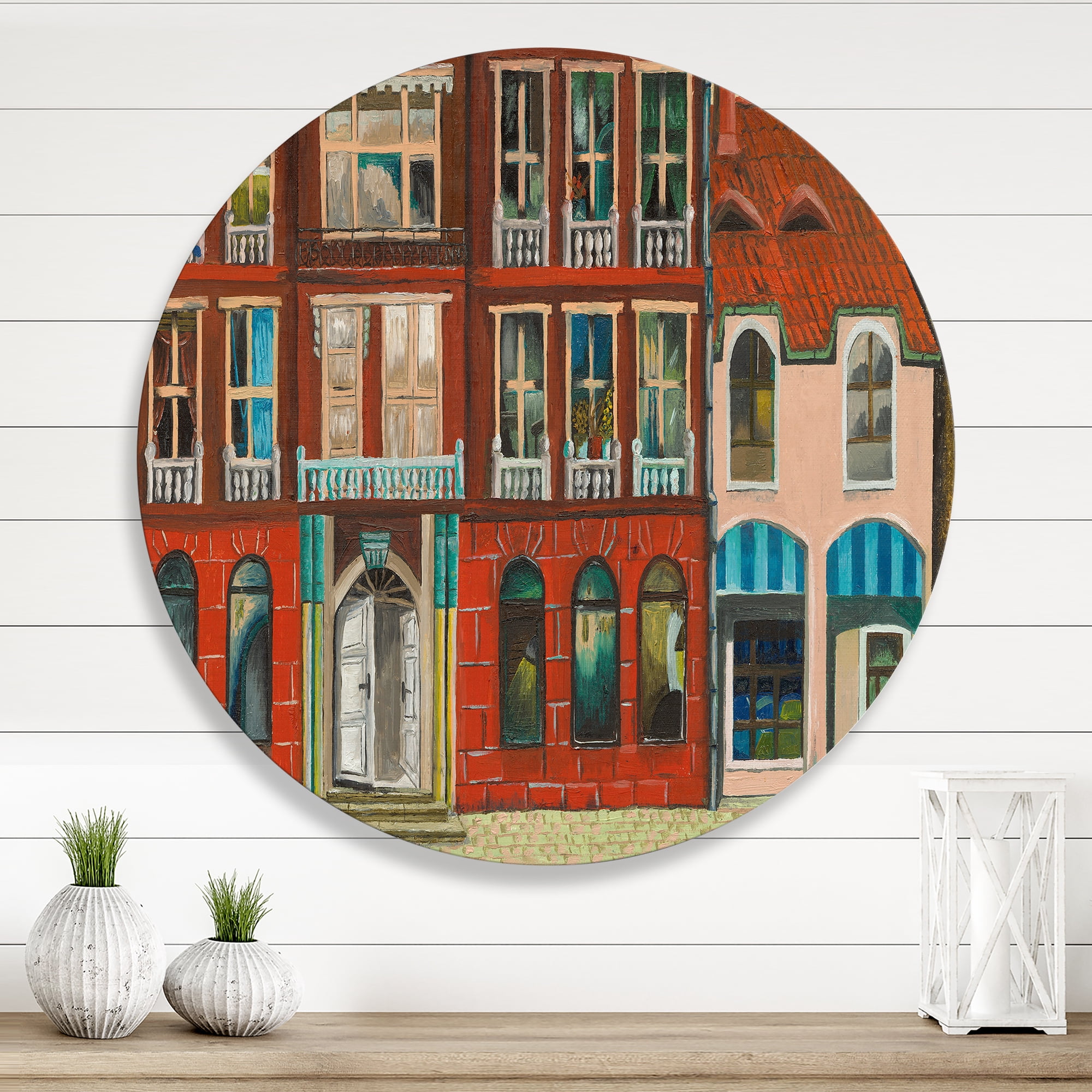 Designart 'Vintage Red Facade of Shop In Paris I' French Country Circle Metal Wall Art 11x11 - Disc of 11