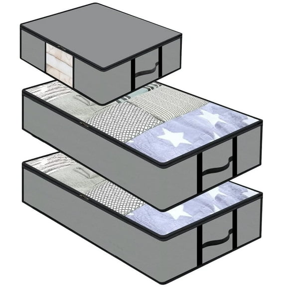 2 Pcs 90L   1 Piece 32L Large Underbed Storage Bags Organizer Container , Gray