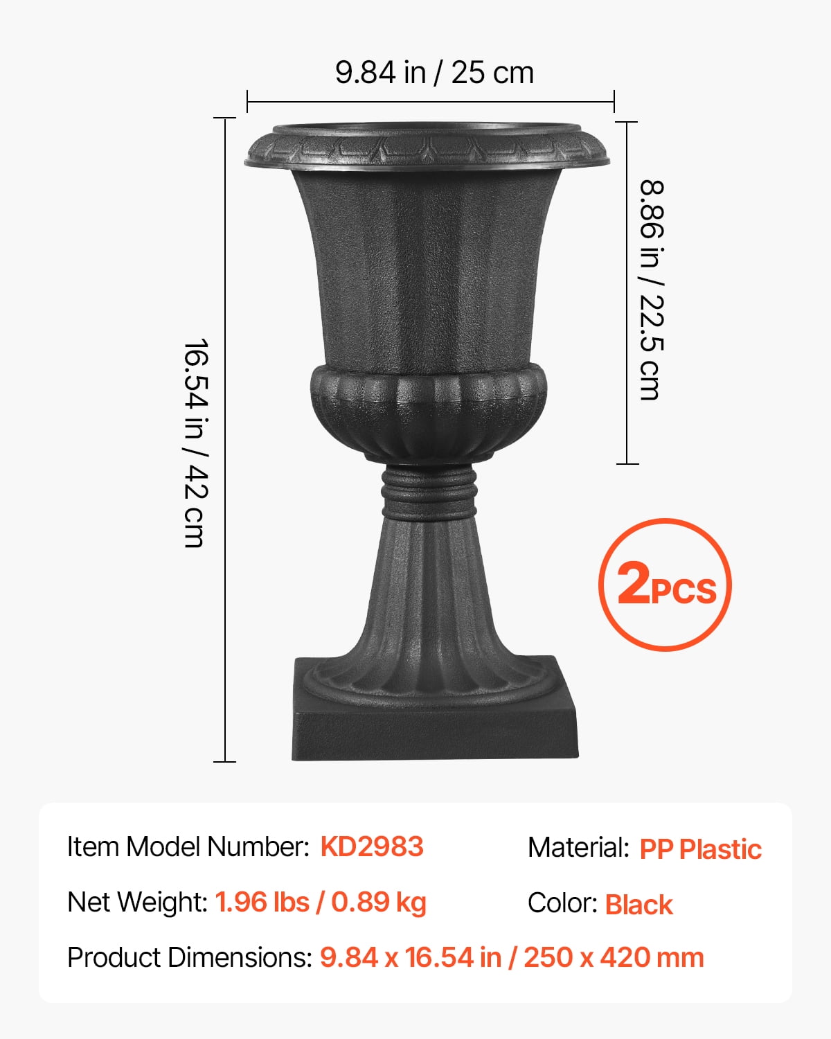 VEVOR 2 Pack Plastic Urn Planters 9.8 x 16.5 inch, Classic Flower Pots Front Porch Planters, Indoor & Outdoor Vase for Wedding, Party, Event, Home, Garden, Balcony, Patio Decoration (Black)