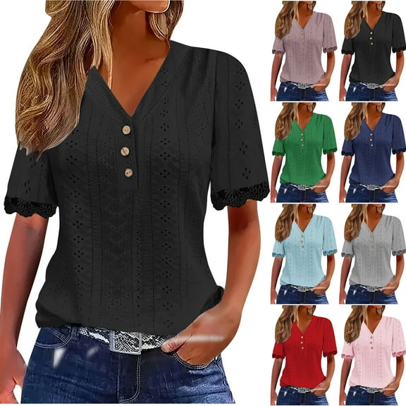 Otntypg Casual Button V Neck Plain T-Shirts for Women Lightweight Dressy Trim Short Sleeve Lace Crochet Eyelet Hollow out Tunic Tops Summer Outfit Clothes Black M