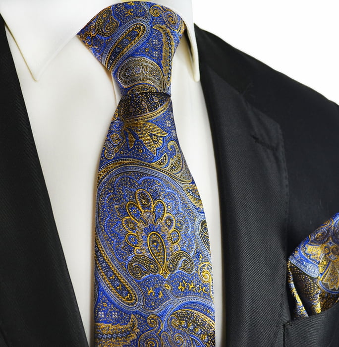 Extra Long 100/% Silk Tie and Pocket Square Gold Paisley