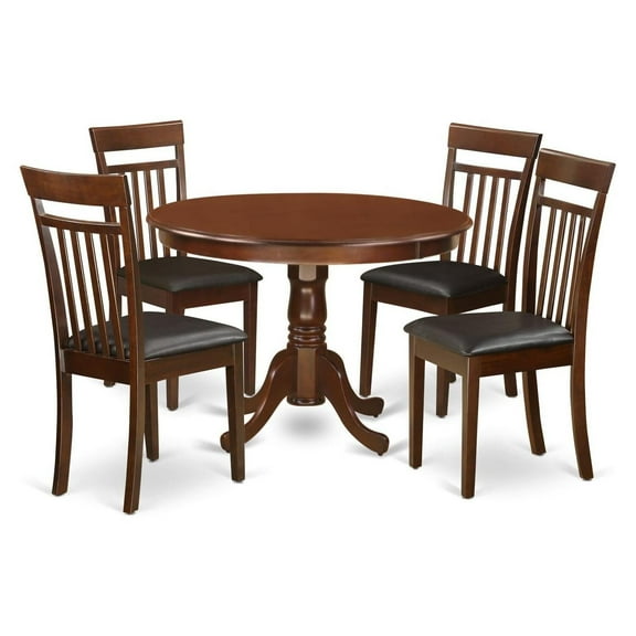 HomeStock Dining Set-Dining Table And Dinette Chairs, Mahogany, 42" Round Table, 30" High, Includes 5-Piece Set With 4 Faux Leather Seat Dining Chairs