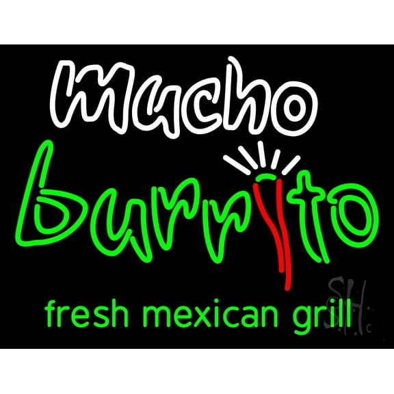 Mucho Burrito LED Neon Sign 20 x 37 - inches, Black Square Cut Acrylic Backing, with Dimmer - Bright and Premium built indoor LED Neon Sign for restaurant window and interior decor.
