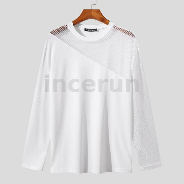 INCERUN Hombres Panel De Malla De Moda De Punto Diseño De Perspectiva Camisetas De Manga Larga Gao Jiahui unisex