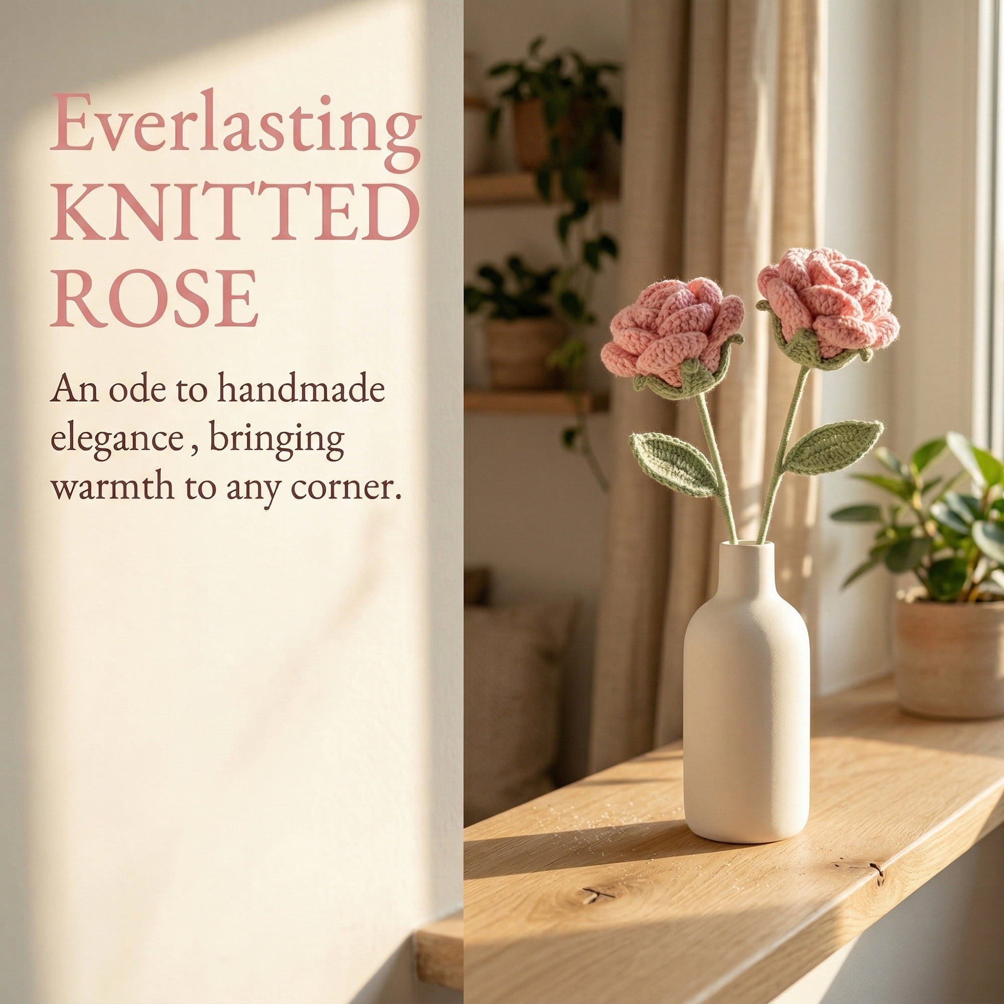 Unique Bargains 2Pcs Handmade Crochet Long Stem Realistic Fake Roses Pink