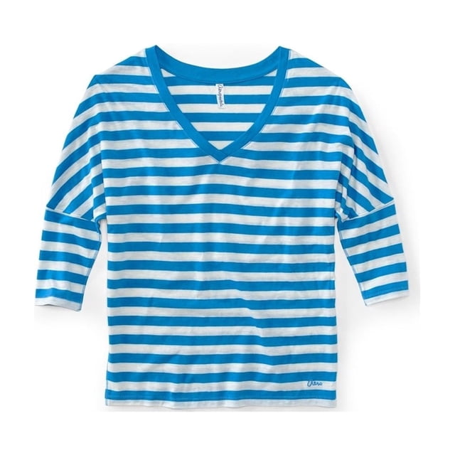 Aeropostale - Playera gráfica de manga 3/4 con cuello en V para mujer, azul, XS Aeropostale Camiseta gráfica