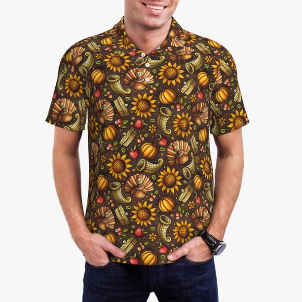 Balery Chrysanthemum turkey Camisa Polo de Hombre con Estampado, de Manga Corta y Tejido Medio, Camisa Tipo Golf Polo-3X-Large