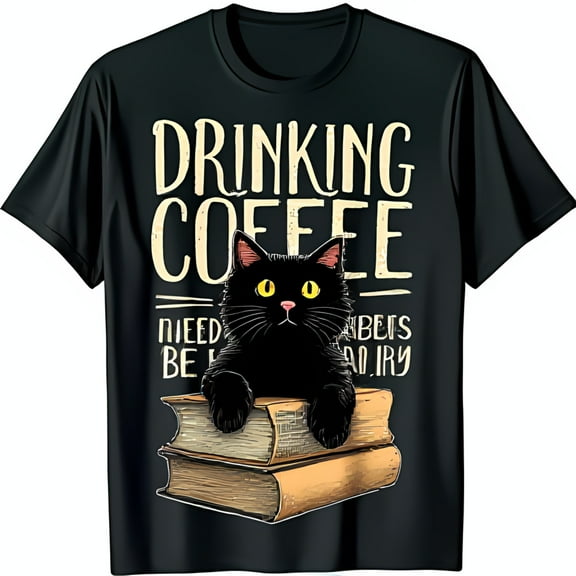 Black T-Shirt for Cat Lovers Coffee & Cat Graphic with Yellow Eyes