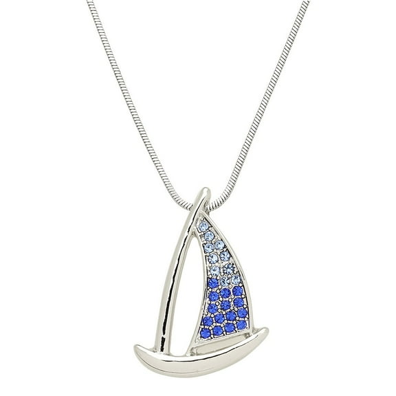 Sail Boat Pendant Necklace Rhinestone Crystal Rhodium Plated 17 Inch Snake Chain J0936