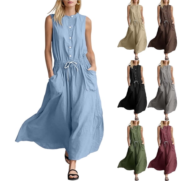 Sentmoon Womens Sun Dress Hawaiian Dresses for Women 2026 Sleeveless Drawstring Regular Fit Summer Dress for Women with Pockets for Photoshoot and Content S-XXL