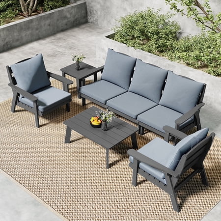 FOOWIN 7-Piece Patio Furniture Set HDPE Outdoor Conversation Set with 5 Seating & Cushions Perfect Patio Sofa Set for Garden Porch Backyard Grey Frame with Grey Cushion