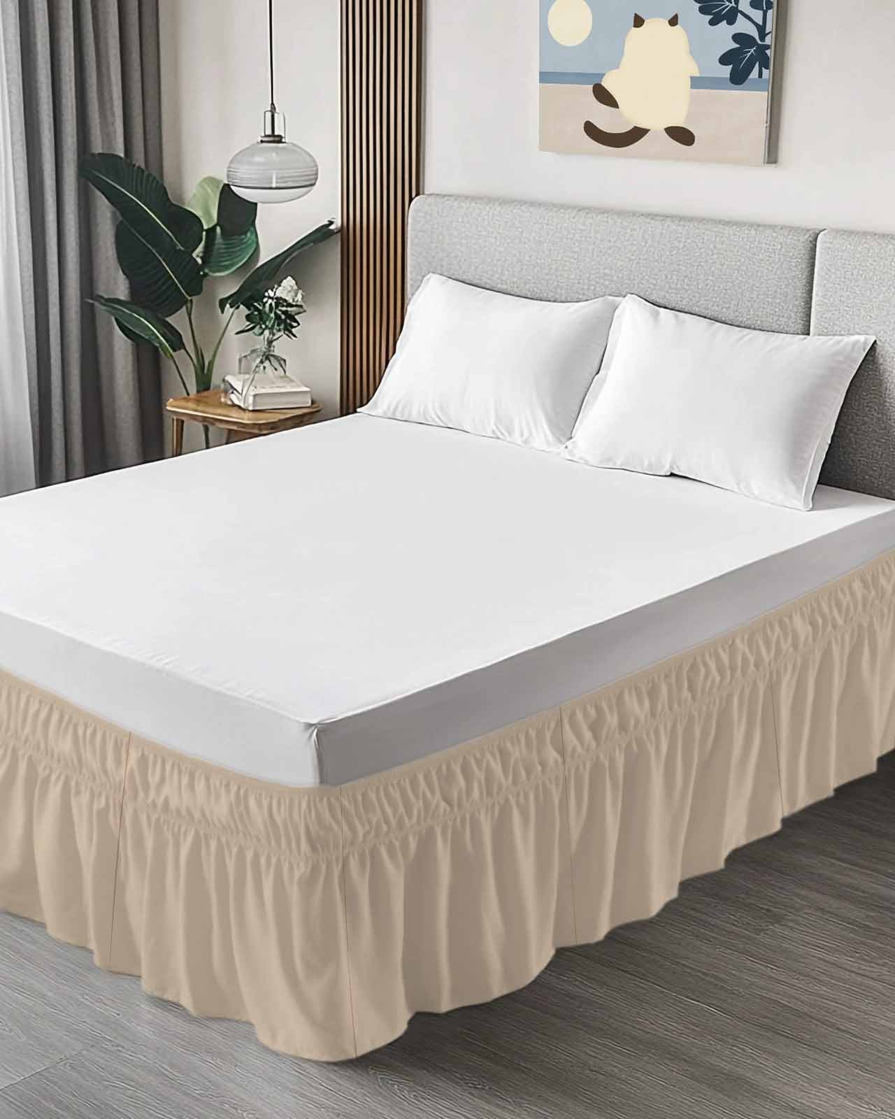Solid Color Bed Skirt Queen Size 18" Drop Light Khaki Ruffled Wrap Around Bed Skirts Adjustable Elastic Bedskirt Dust Ruffle for Queen Size Bed