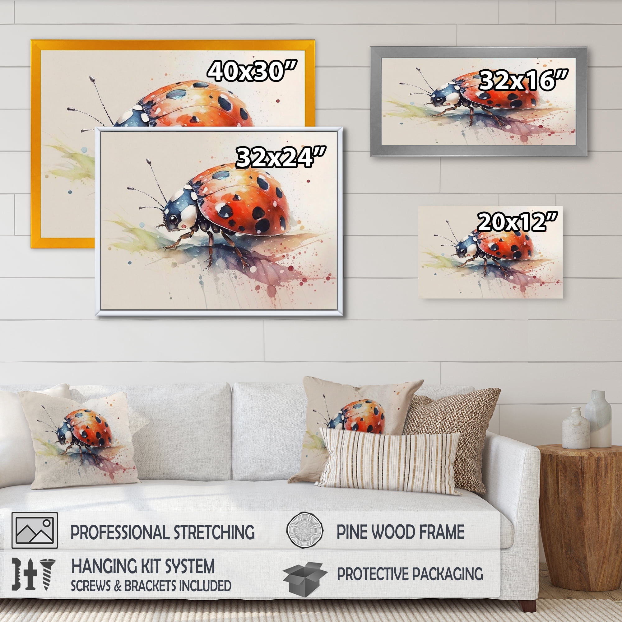 Designart Ladybug On A Leaf Watercolor Canvas Wall Art