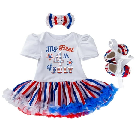 

Girls Clothes Toddler Outfits Set Independence Day Short Sleeve Letter Prints Romper Skirt With Headband Shoes 3 Piece Set Elegant Vacation Party Wear