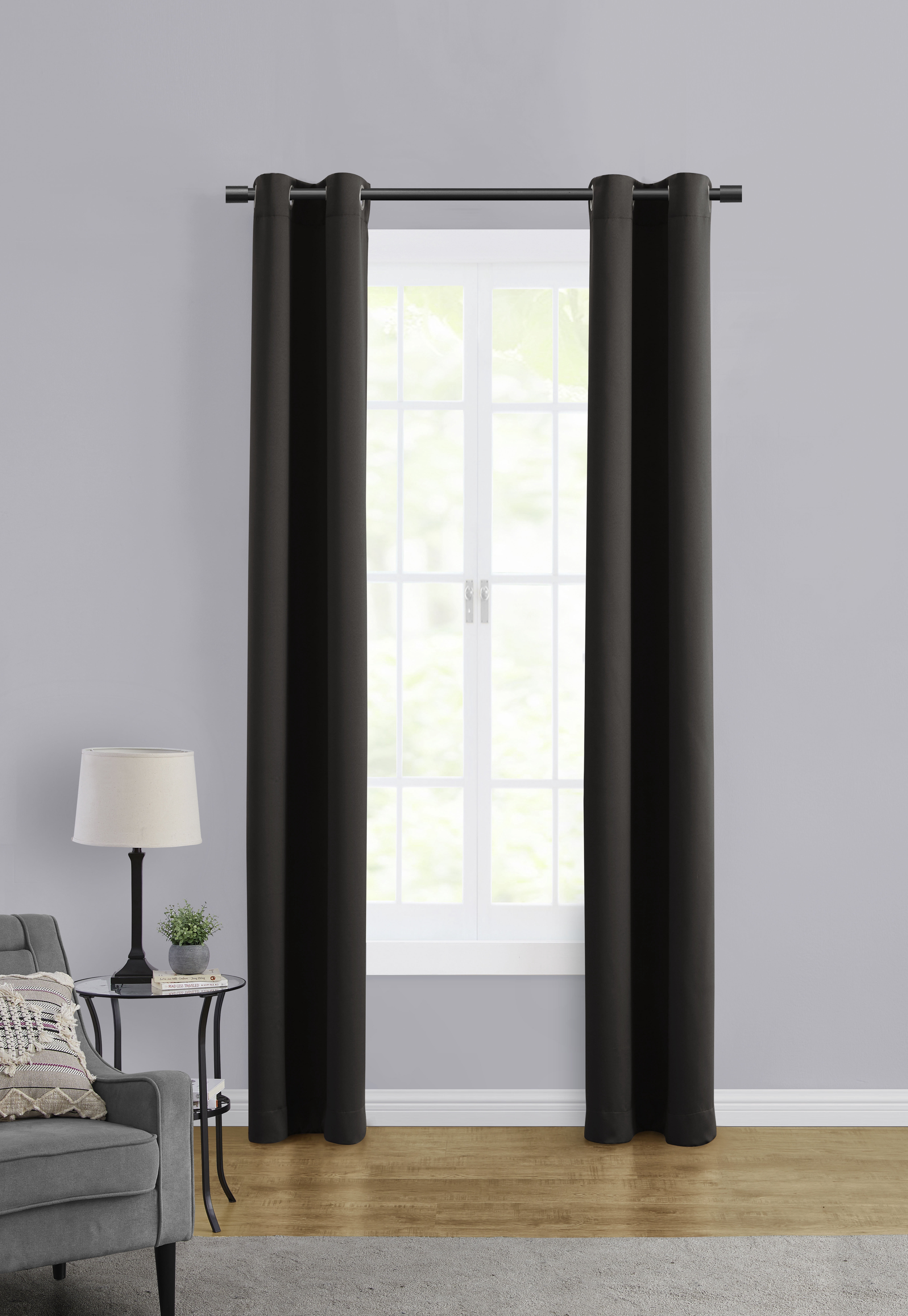 Mainstays Room Darkening Grommet Curtain Panel Pair, Set of 2, Black, 30"W x 84"L