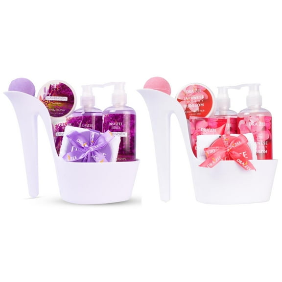 Set of 2 Draizee 16 Pcs Scented Spa Gift Basket Cherry, Lavender with Shower Gel, Bubble Bath, Body Butter & Lotion