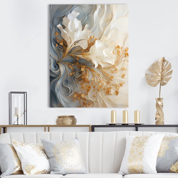 Designart "Champagne Flow in White and Gold V" Food & Beverage Canvas Wall Art - Traditional Beige Champagne Bedroom Canvas Wall Art