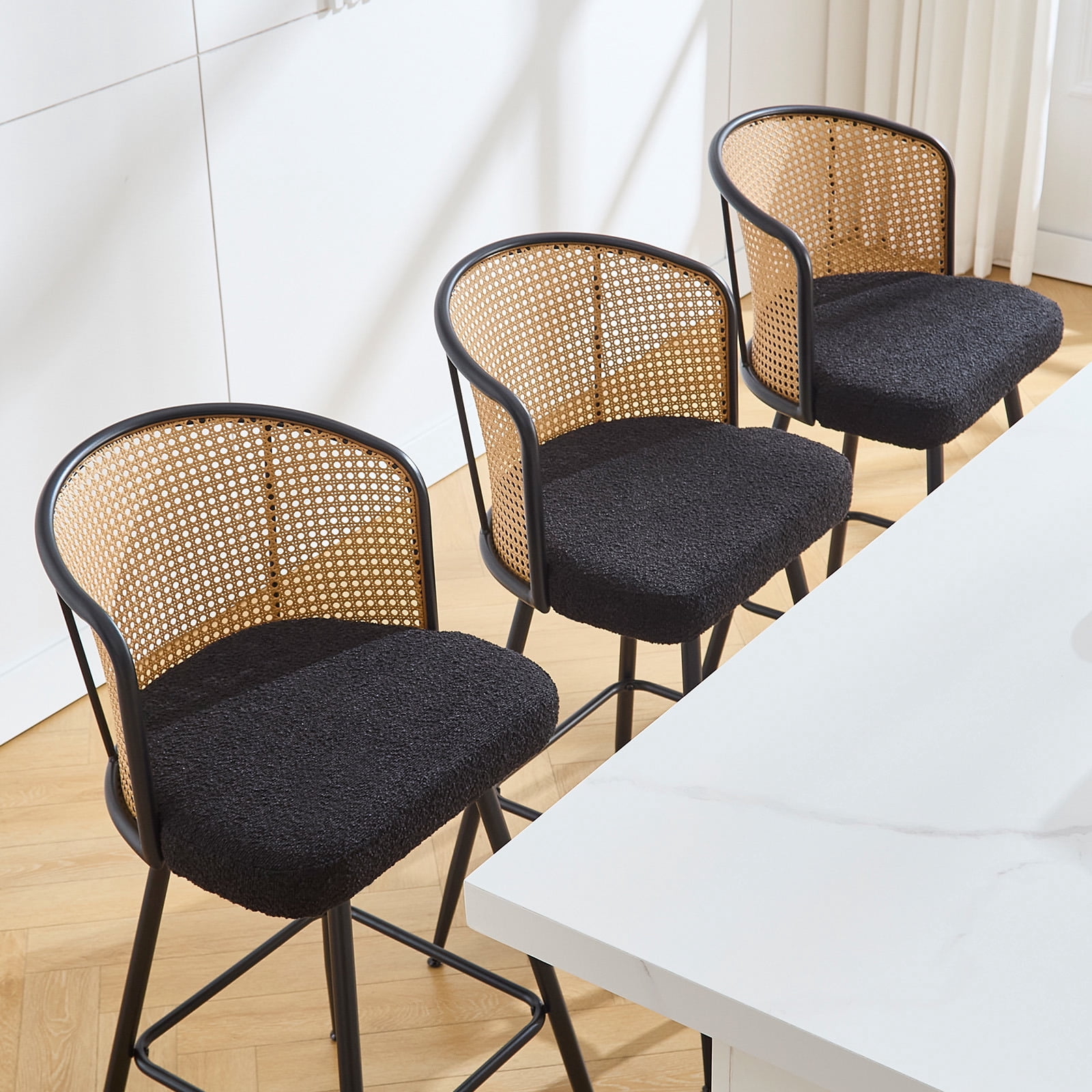 Foreate Cane Swivel Barstools Set of 2, 26" Seat Counter Height w/ Rattan Mid-Back Metal Legs, Upholstered Boucle Fabric Modern Armless Bar Stools Chairs for Kitchen Island Pub