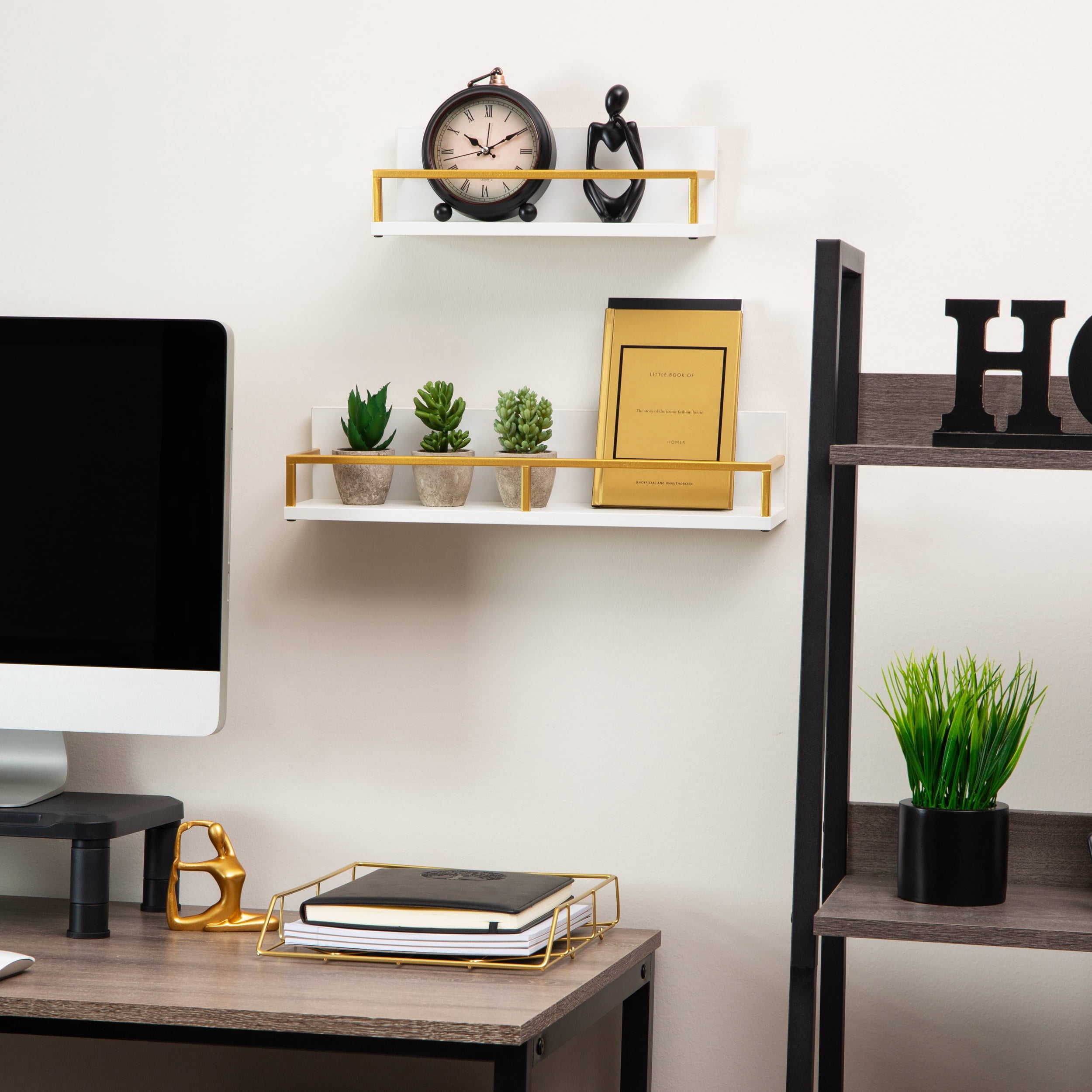 Mind Reader Floating Shelves, Wall-Mounted Office Organizers, Modern MDF Display Storage with Metal Rail, Metal. MDF, Set of 2, White