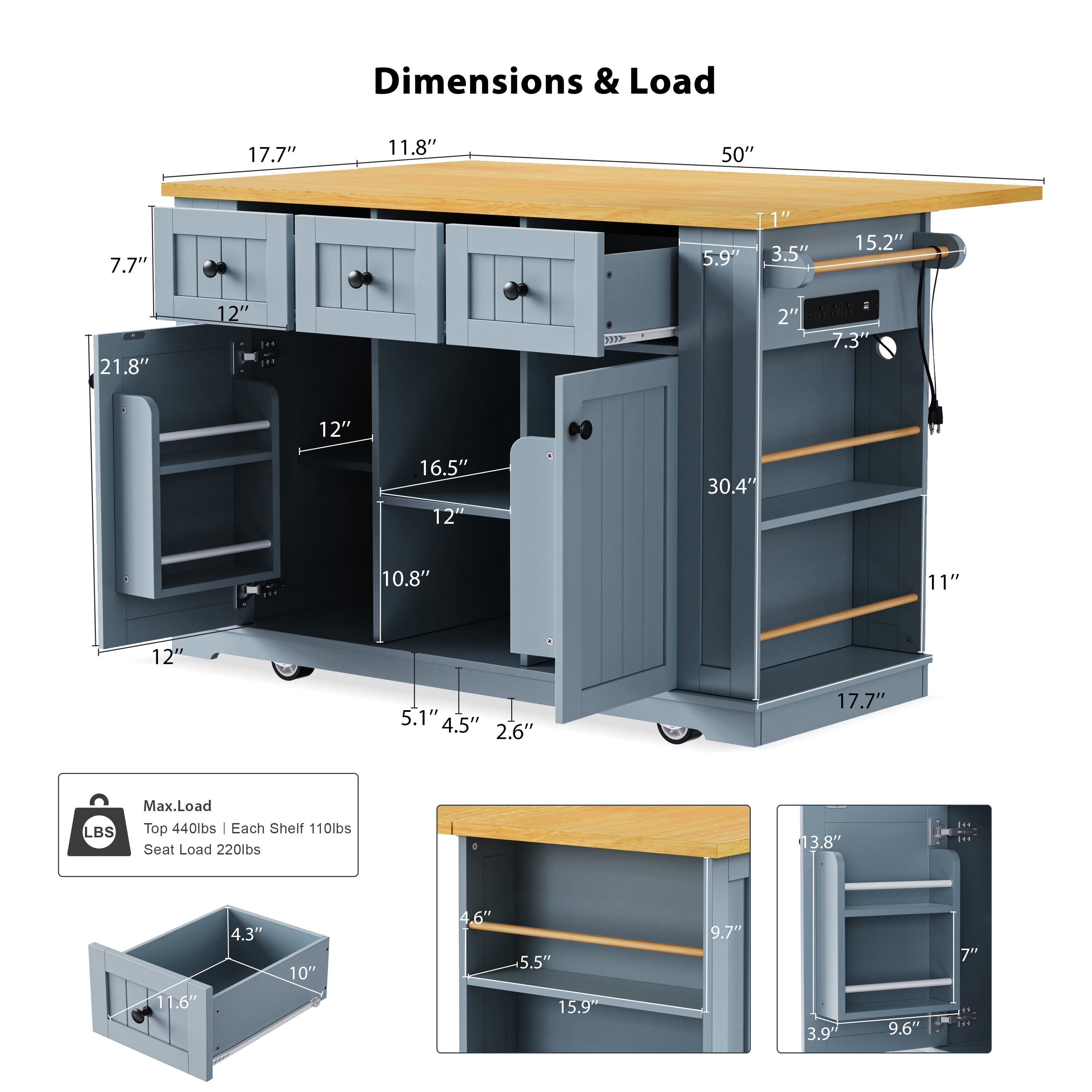 Euroco Kitchen Island with Drop Leaf,Rolling Kitchen Island Cart on Wheels with Power Outlet,Door Internal Storage Rack and Side Racks for Dining Room