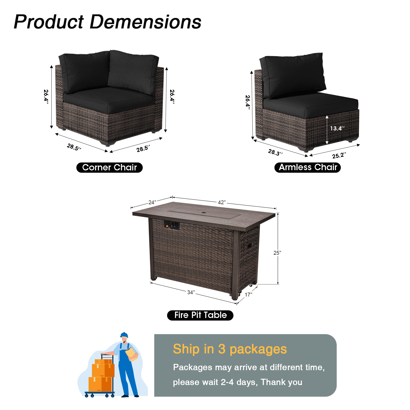 Gaildon 11 Piece Patio Furniture Set with Fire Pit Table, All Weather Outdoor Sectional PE Rattan, Patio Conversation Sets with Cushions and Glass Coffee Table for Garden Lawn Balcony Porch Deck